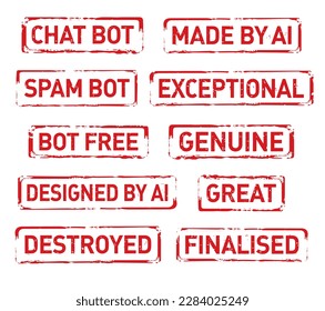 Set Red grunge stamp CHAT BOT, SPAM BOT, EXCEPTIONAL, GENUINE, GREAT, FINALISED. Vector Illustration.