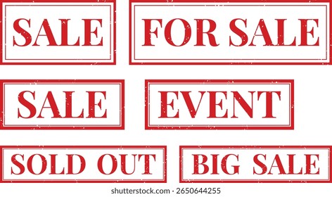 Set of red grunge stamp labels with SALE, EVENT, SOLD OUT text – vector icon pack for promotion and retail announcement