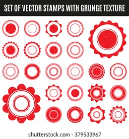 Set of red grunge stamp. Round shapes. Vector illustration for vintage design. Isolated on white background. Collection red frame for retro style. Bright border for old card.