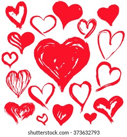 Set of red grungy hearts. Symbols of love and romance. Valentine's day.