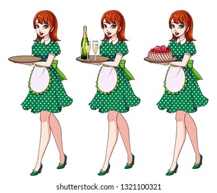 Set of red haired waitresses holding champagne and cake, wearing green dotted maid costume. Hand drawn vector illustration isolated on white background. 