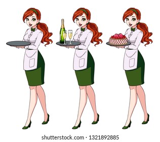 Set of red haired waitresses holding champagne and cake, wearing green uniform. Hand drawn vector illustration isolated on white background. 