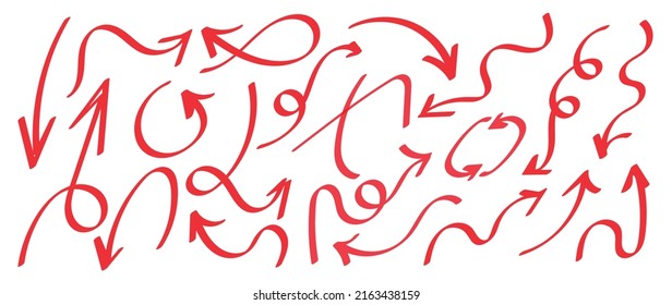 Set of red hand drawn arrow element vector. Collection of doodle arrows, lines, symbol, pointing mark, shapes on white background. Simple icon illustration for education, decoration, map.