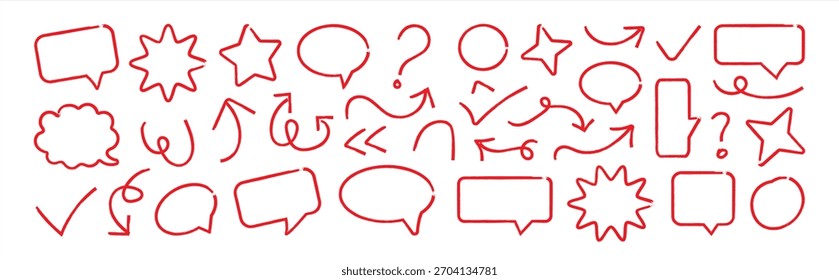 Set of red Hand drawn Arts. Drawn : Arrow, speech bubble, Line, Checkmarks, Cross, Hearts, Line marker hand drawn brush arrow element set. Wavy frame print collection.
