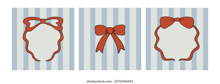 Set of red hand drawn bows on striped backgrounds. Vector illustration of bowknot ribbon frames. Vintage greeting card templates