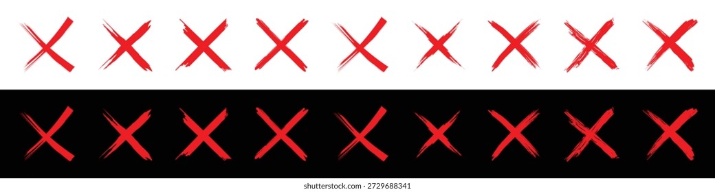 Set of Red Hand Drawn Brush Stroke Cross Marks and X Icons.