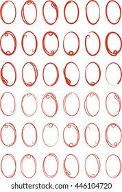 Set of red hand drawn circles, vector label frame line, icon floral oval frame set
