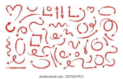 Set of red hand drawn doodle spiral and curved arrows. Vector scribbles with the texture chalk or wax crayon on white background.