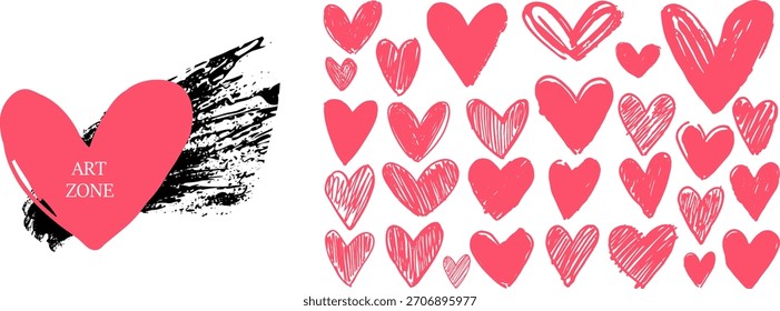 Set of red hand drawn doodle heart sketches isolated on white background, modern vector icons for love, scrapbooking, print and web design.
