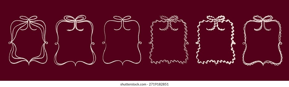 Conjunto de marcos y bordes de cinta de lazo caprichosos de coqueta de doodle dibujado a mano rojo.