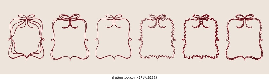 Conjunto de marcos y bordes de cinta de lazo caprichosos de coqueta de doodle dibujado a mano rojo.