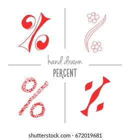Set of red hand drawn doodle percent signs. Vector sketch of isolated cartoon per cent mark icons for sale or discount banners.