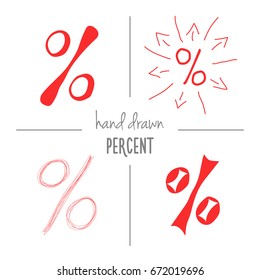 Set of red hand drawn doodle percent signs. Vector sketch of isolated cartoon per cent mark icons for sale or discount banners.