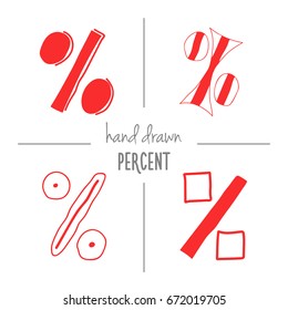 Set of red hand drawn doodle percent signs. Vector sketch of isolated cartoon per cent mark icons for sale or discount banners.