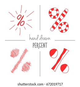 Set of red hand drawn doodle percent signs. Vector sketch of isolated cartoon per cent mark icons for sale or discount banners.
