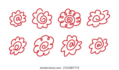 Conjunto de símbolos de flor Hanamaru desenhados à mão vermelha para marcar respostas corretas. Professor japonês recompensa selos e espiral em forma de flor. Sinal de Hanamaru, símbolo.