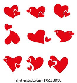 Set of red hand drawn heart icon isolated on white background. Love symbol design elements for Valentine's day, holiday, banner, print, greeting cards. Vector flat illustration elements collection