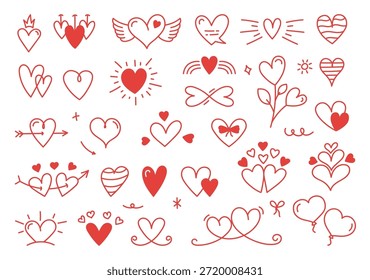 Conjunto de garabatos de corazón dibujado a mano rojo y varios simbolos románticos lindos, Elementos de corazón decorativos simples en un estilo minimalista limpio
