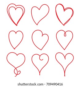 Set of red hand drawn heart. Hand drawn rough marker hearts isolated on white background. Vector illustration for your graphic design.