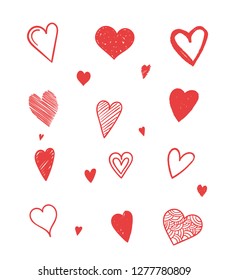 Set of red hand drawn hearts for Valentine's day, wedding and other events, vector eps10 illustration