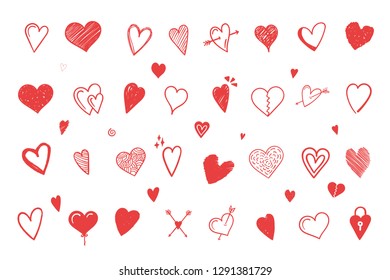 Set of red hand drawn hearts, design elements for Valentine's day, wedding and other events, vector eps10 illustration