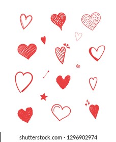 Set of red hand drawn hearts for Valentine's day, wedding and other events, vector eps10 illustration