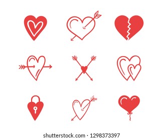 Set of red hand drawn hearts for Valentine's day, wedding and other events, vector eps10 illustration