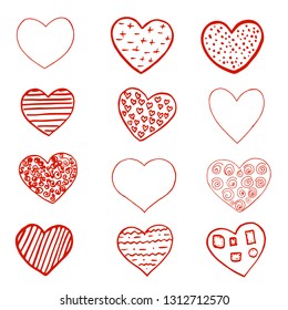 Set of Red hand drawn hearts on white background. Design element for Valentine s day. Print for poster, t-shirt, bags, postcard, sweatshirt, flyer. Vector illustration.