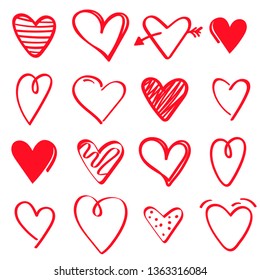 set of red hand drawn hearts on white background