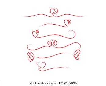 Set of Red Hand Drawn Hearts and Ribbons Decorative Love Elements on White Background