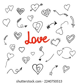 Set of red hand drawn hearts and arrows, romantic decoration for Valentine's Day. Symbols of love, relationships and romance for the holiday on February 14. Doodle sketch style. Isolated. Vector