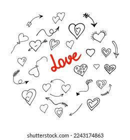 Set of red hand drawn hearts and arrows, romantic decoration for Valentine's Day. Symbols of love, relationships and romance for the holiday on February 14. Doodle sketch style. Isolated. Vector