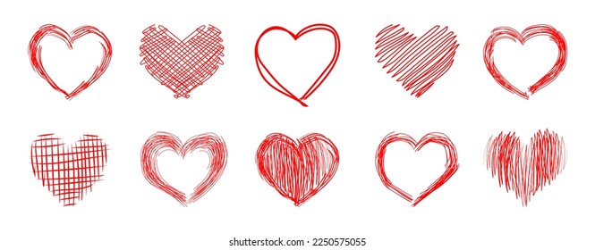 Un conjunto de corazones rojos para el Día de San Valentín. Estilo de línea de garabato. Colección de elementos de diseño vectorial aislado para icono o botón, tarjeta de saludo, invitación, afiche, banner web, marco.