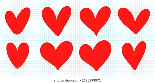 Conjunto de corazones dibujados a mano roja sobre fondo de papel de cuadrícula lindos iconos de amor