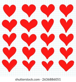 Set of Red Hand Drawn Hearts on Grid Paper Background Cute Love Icons
