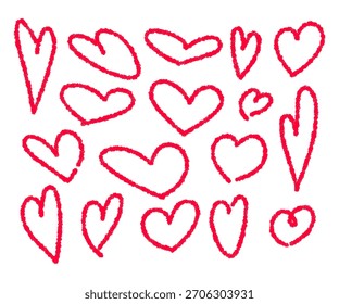 Set red hand drawn hearts with chalk crayon texture. Valentine day textured doodle templates. For collage, poster, cards.