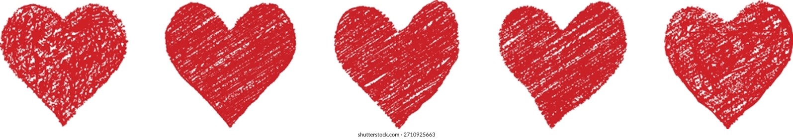 Set of red hand drawn hearts with chalk and wax crayon texture. A playful set of sketchy shape. Rough lines and bold shapes. Vector illustration valentine drawing style .	
