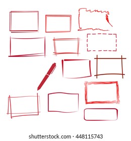 set of red hand drawn rectangles and pen, red highlighting frames
