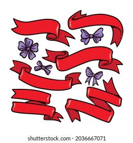 set of red hand drawn ribbon in flat design, red ribbon with outlined style collection