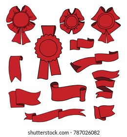 Set of red hand drawn ribbons on white background. Isolated award ribbons. Design element for winner congratulation.