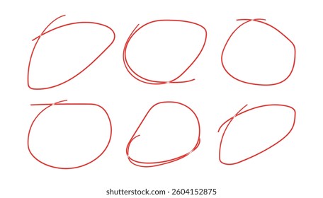 Set of red hand drawn scribble circles. Red highlight circles on transparent background cut out design elements.
