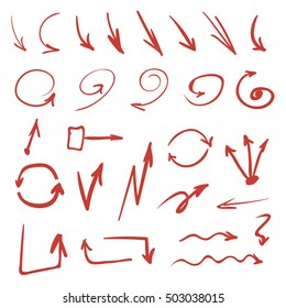 Set of red hand drawn sketch style arrows on white background