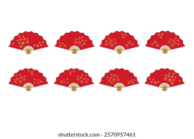 Set of red hand fans with various gold decorative floral outlines. Hand fan icons collection. Folding fans for accessories isolated on white.