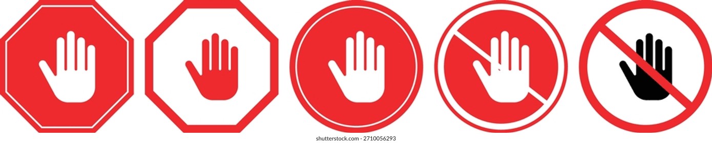 Conjunto de señales de parada de mano roja y prohibición