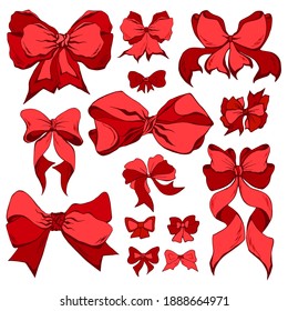 A set of red hand-drawn bowknots isolated on white background. Collection of cute flat vector bows elements for holiday design.