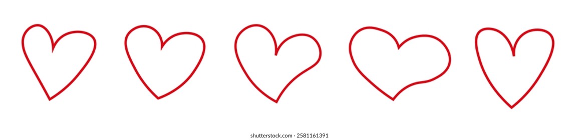 Set of red handdrawn hearts in varying shapes. Pencil sketch design vector elements. Hand drawn ink icon. Love and affection for any celebration. White background. collection. Love emotion. imperfect 