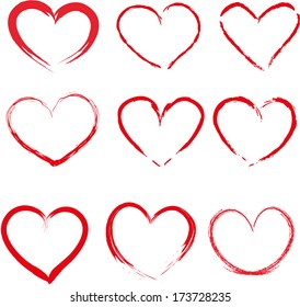 Set of red hand-drawn hearts vector