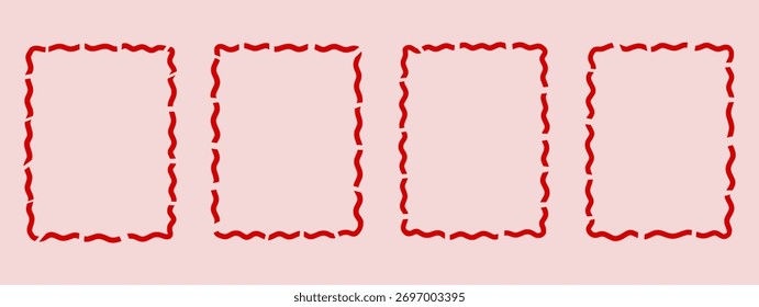 Set of Red Hand-Drawn Wavy Rectangle Frames, Decorative Vector Border Collection