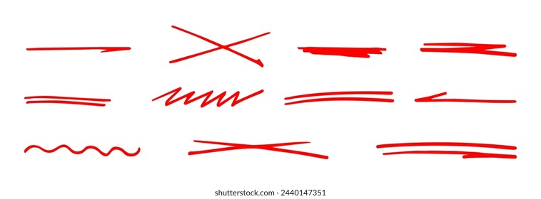 Set of Red Handmade Lines, Brush Underlines lines, Underscores. A Hand-drawn collection of various shapes in the doodle style Inscription. Vector illustration  Isolated on white. 