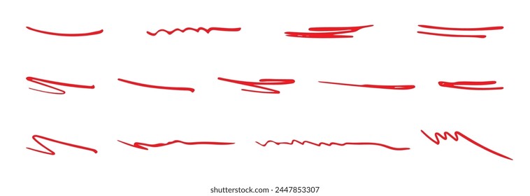 Set of Red Handmade Lines, Brush Underlines lines, Underscores. Hand-drawn collection of various shapes in the doodle style Inscription. Vector illustration Isolated on white. 